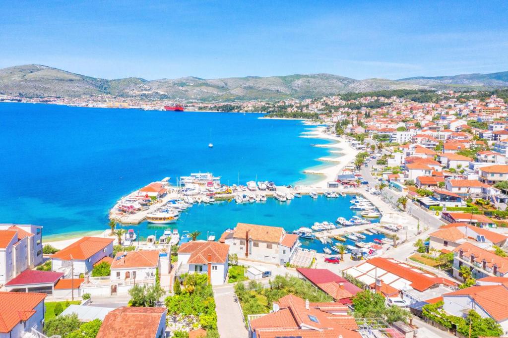 an aerial view of a town with a harbor at Villa Mihaela in Trogir
