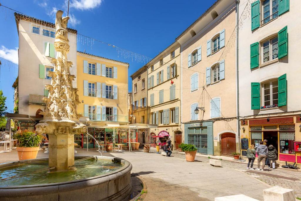 einen Brunnen in der Mitte einer Straße mit Gebäuden in der Unterkunft Provence Au Coeur Appart Hotels in Forcalquier
