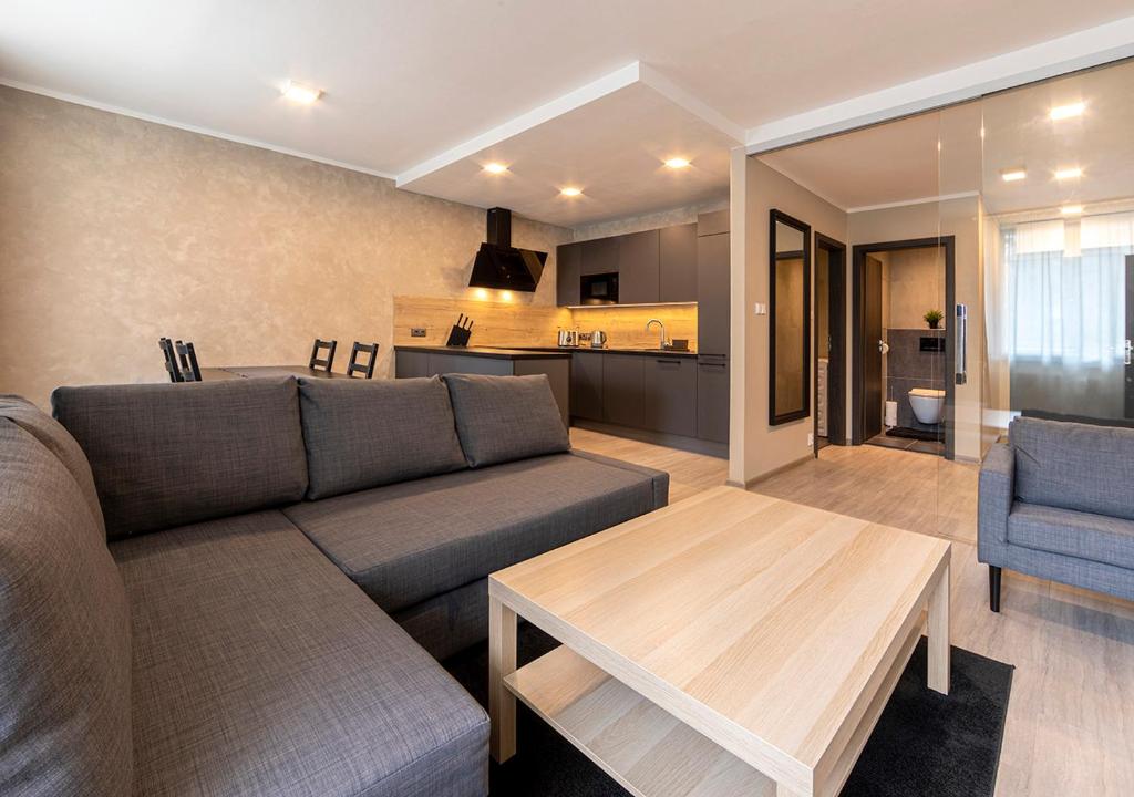Gesto Apartments في براغ: غرفة معيشة مع أريكة وطاولة