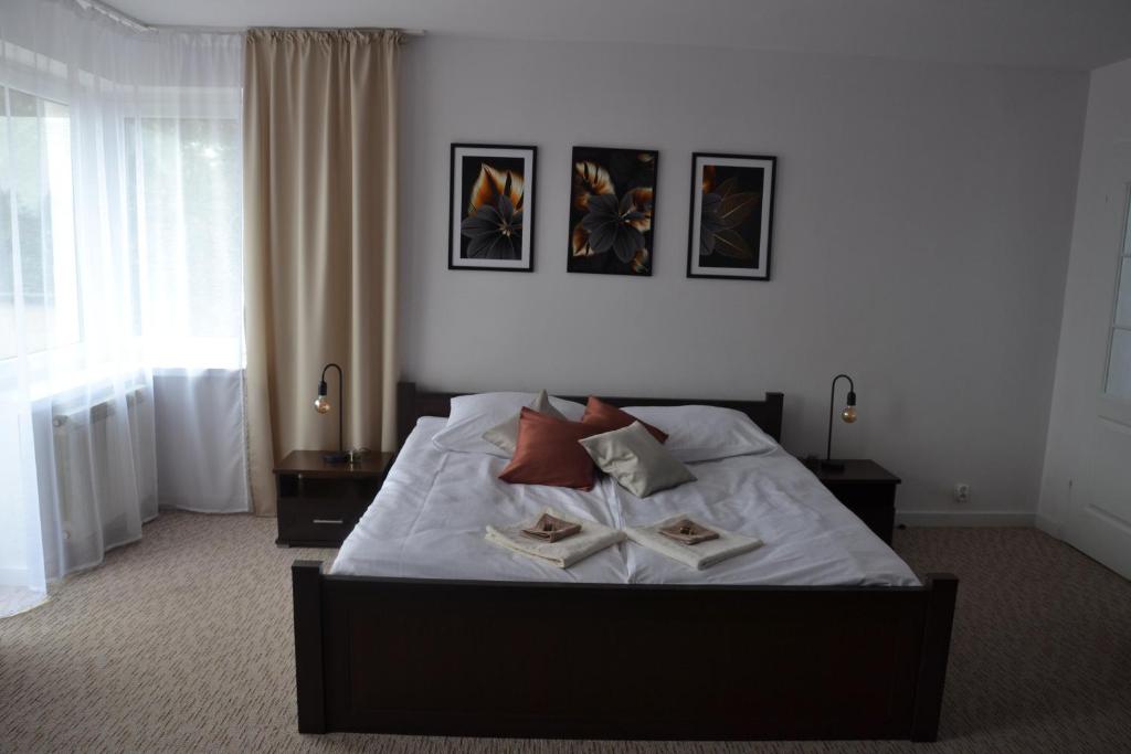 Apartament Szaława في كاليش: غرفة نوم بها سرير وكتبين عليها