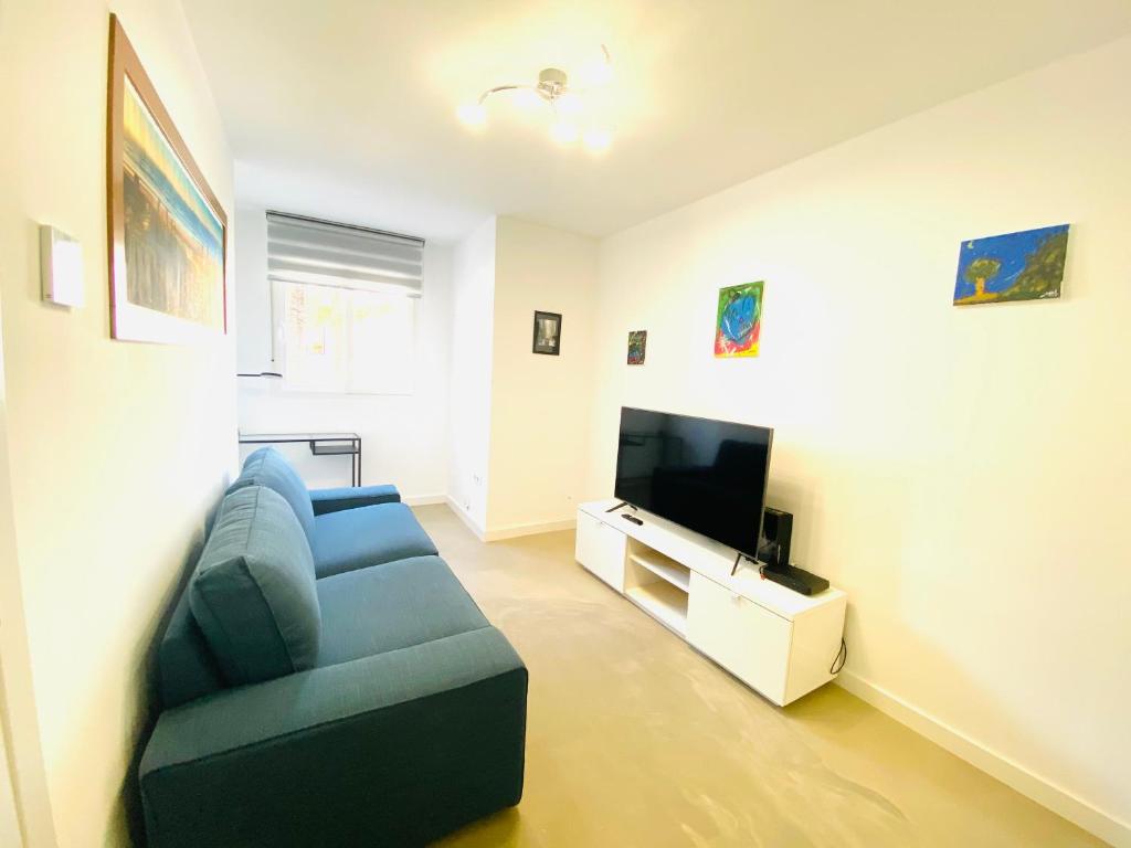 ein Wohnzimmer mit einem blauen Sofa und einem TV in der Unterkunft Viva Valencia Apartments in Valencia