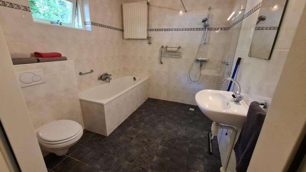 een badkamer met een toilet, een bad en een wastafel bij Het Roodborstje in Otterlo