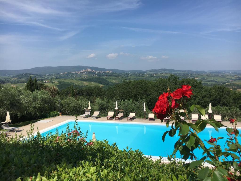 uma vista para uma piscina com cadeiras e flores em Adalberto - nella dimora di Fulignano em San Gimignano