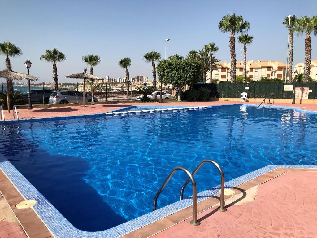 una gran piscina con palmeras en el fondo en Apt SeasideJoy - Cabo Roig, Alicante, Costa Blanca, en Orihuela Costa