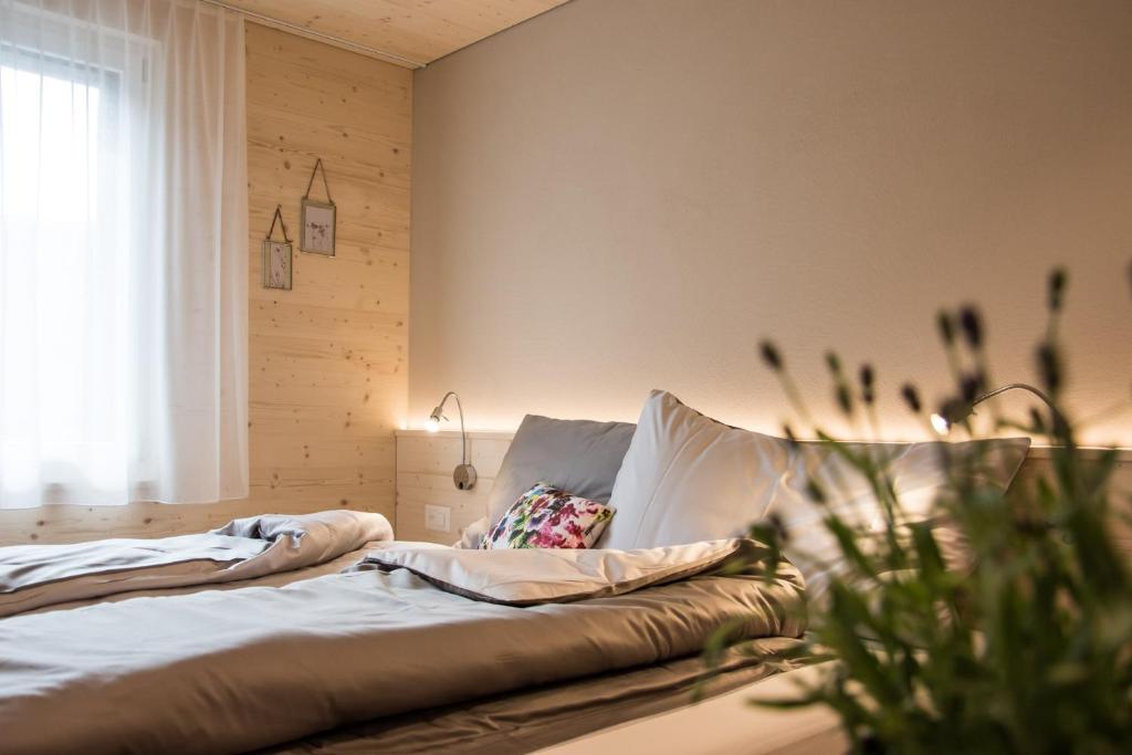 a bedroom with a bed and a window at kroneLODGE - Self-Check-In Hotel in Mosnang