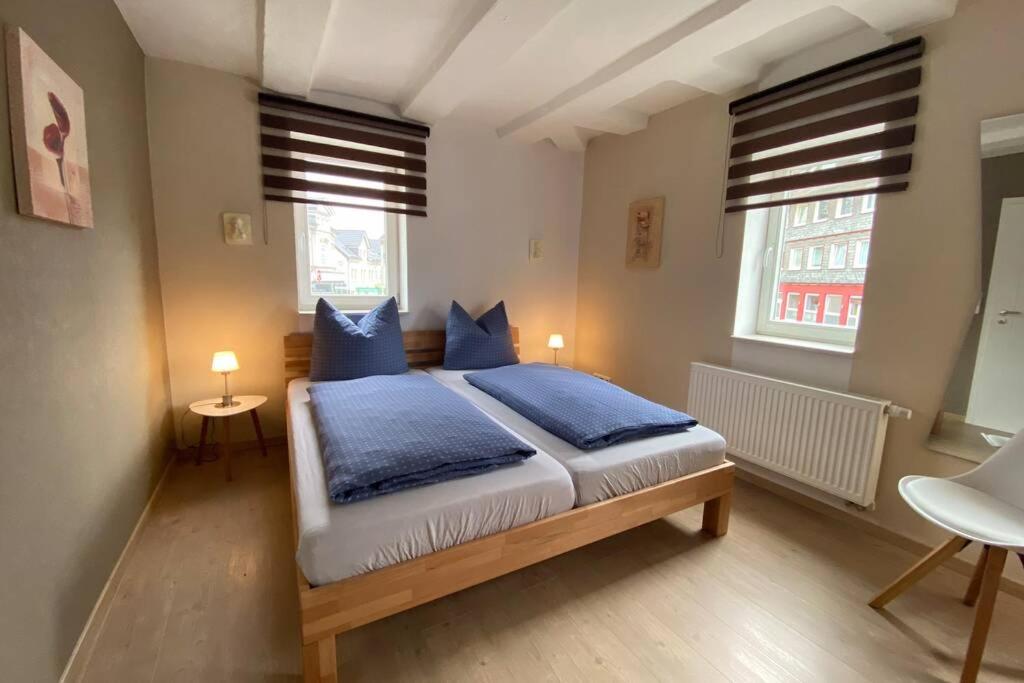 a bedroom with a bed with blue pillows and two windows at Das alte Zollhäuschen in Bad Laasphe