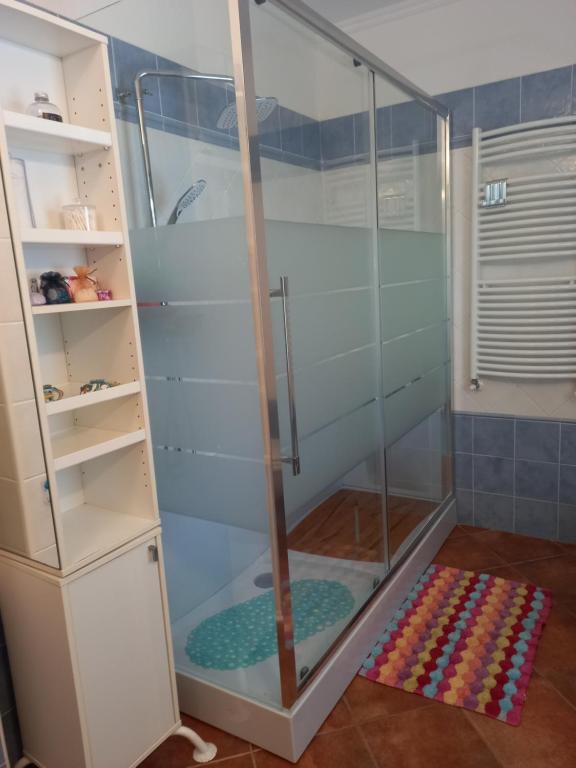 y baño con ducha y mampara de cristal. en Appartamento in zona residenziale en Orosei