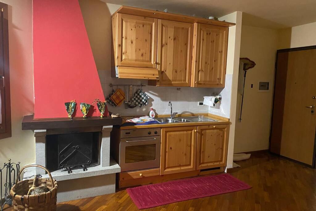 a kitchen with wooden cabinets and a sink and a fireplace at Appartamento per 5 Abetone, vista Piste. in Abetone