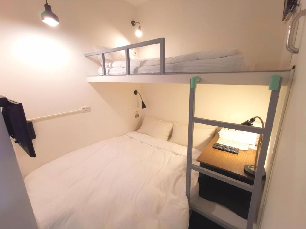 a small room with a bunk bed and a desk at Inn Cube - Taipei Main Station in Taipei
