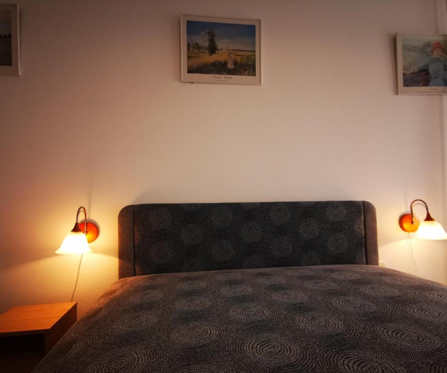 a bedroom with a bed with two lamps on it at Paprika vendégház in Harkány