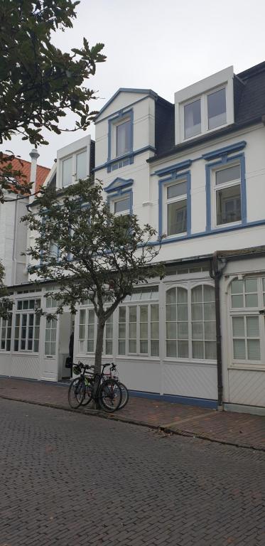 two bikes parked next to a tree in front of a building at MEERzeit-Norderney in Norderney