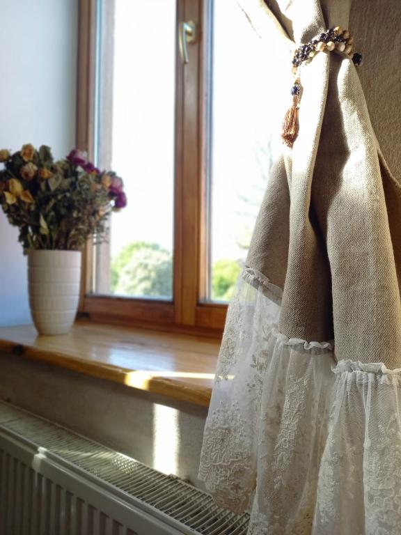 a window sill with a dress and a vase of flowers at Vintage Rooms in Kuldīga