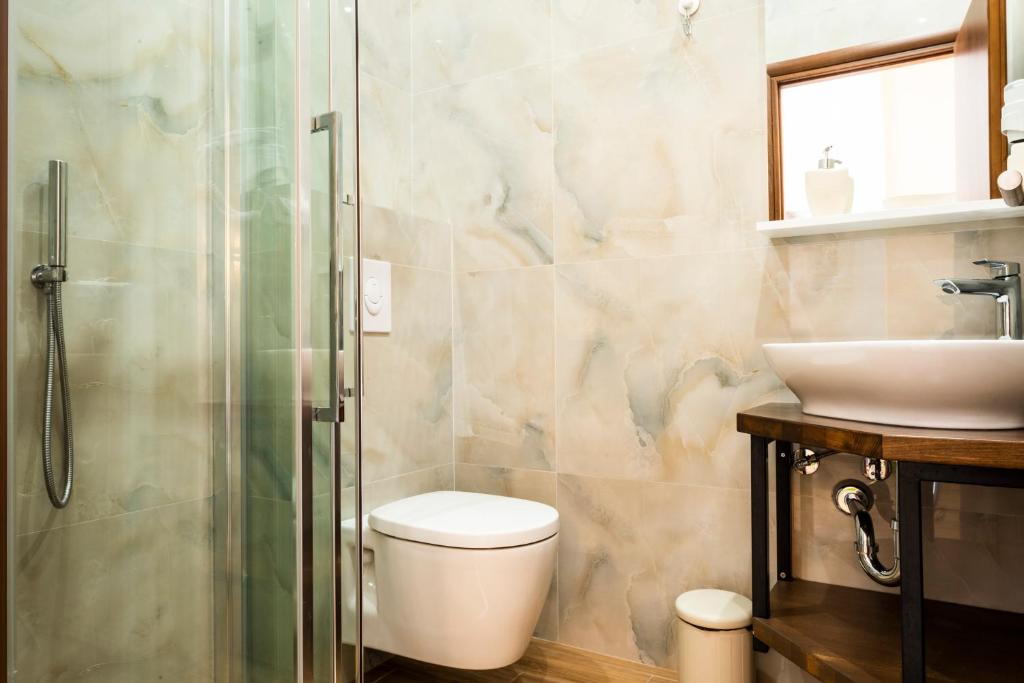 a bathroom with a shower and a toilet and a sink at sofia's cozy rooms in Himare