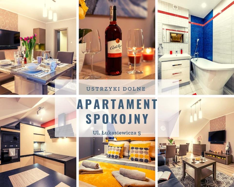 a collage of photos with a bottle of wine at Apartament Spokojny in Ustrzyki Dolne