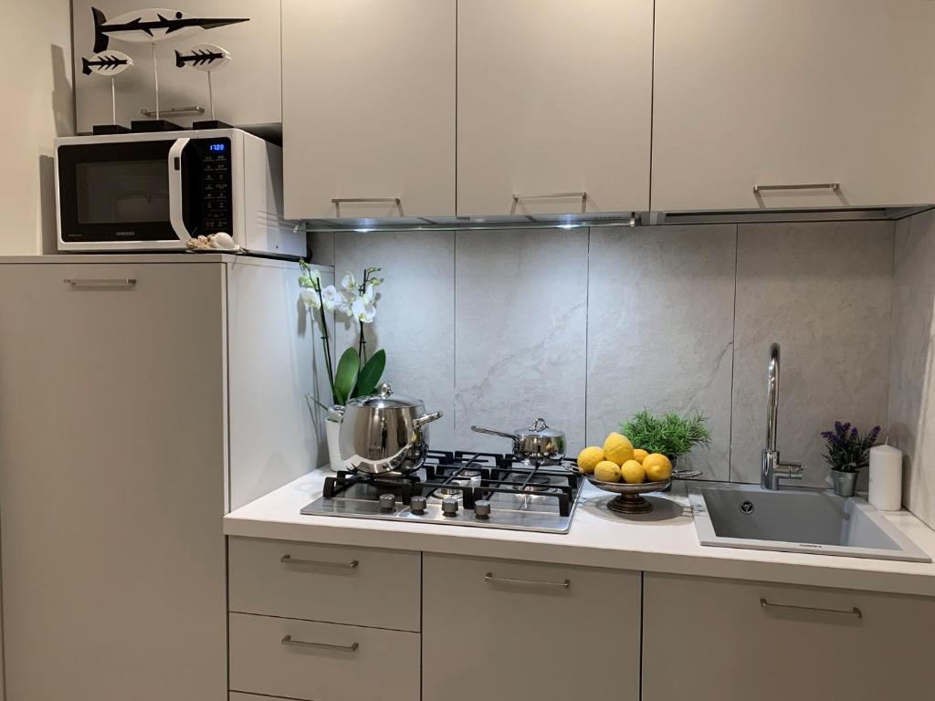a kitchen with a stove and a microwave at Villa Luminosa in Torre del Lago Puccini