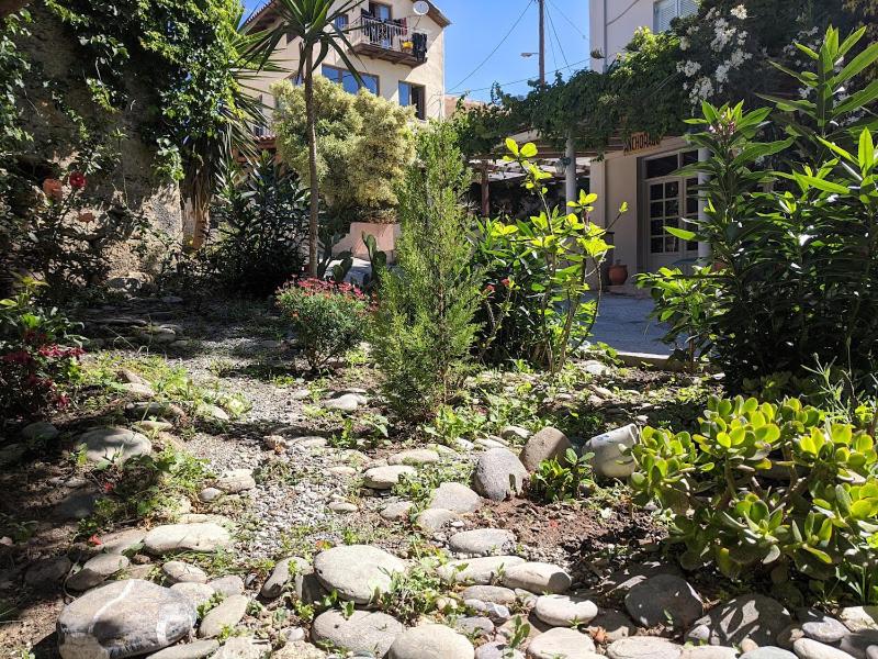 a garden with rocks and plants in front of a house at Pension Irene in Sougia