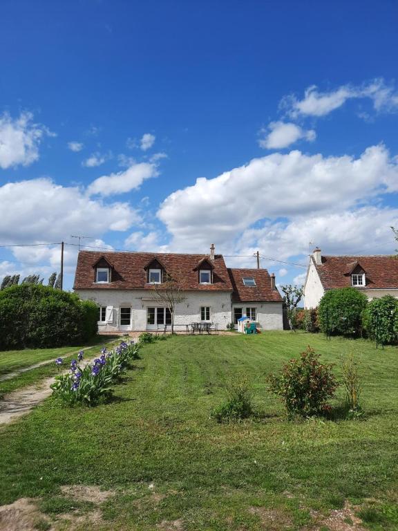 une grande maison blanche avec une cour ornée de fleurs violettes dans l'établissement Gîte de Masne, à Courbouzon