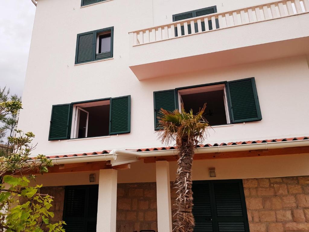 a building with green shutters and a palm tree at Family Aparments Sofija in Metajna