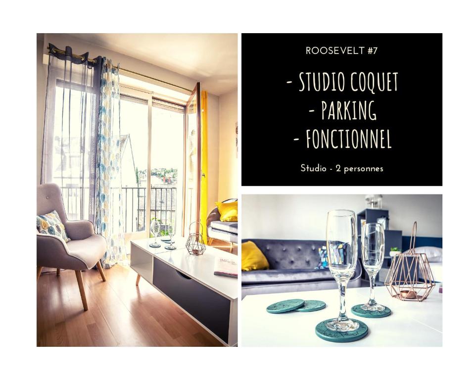 uma colagem de duas fotos de uma sala de estar com copos de vinho em ROOSEVELT #7 - Studio coquet - 1 chambre em Brive-la-Gaillarde