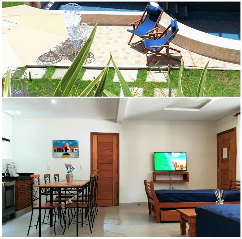 a living room and dining room with a table and a tv at Cores do Verão - Apartamentos ou Studios in Arraial d'Ajuda
