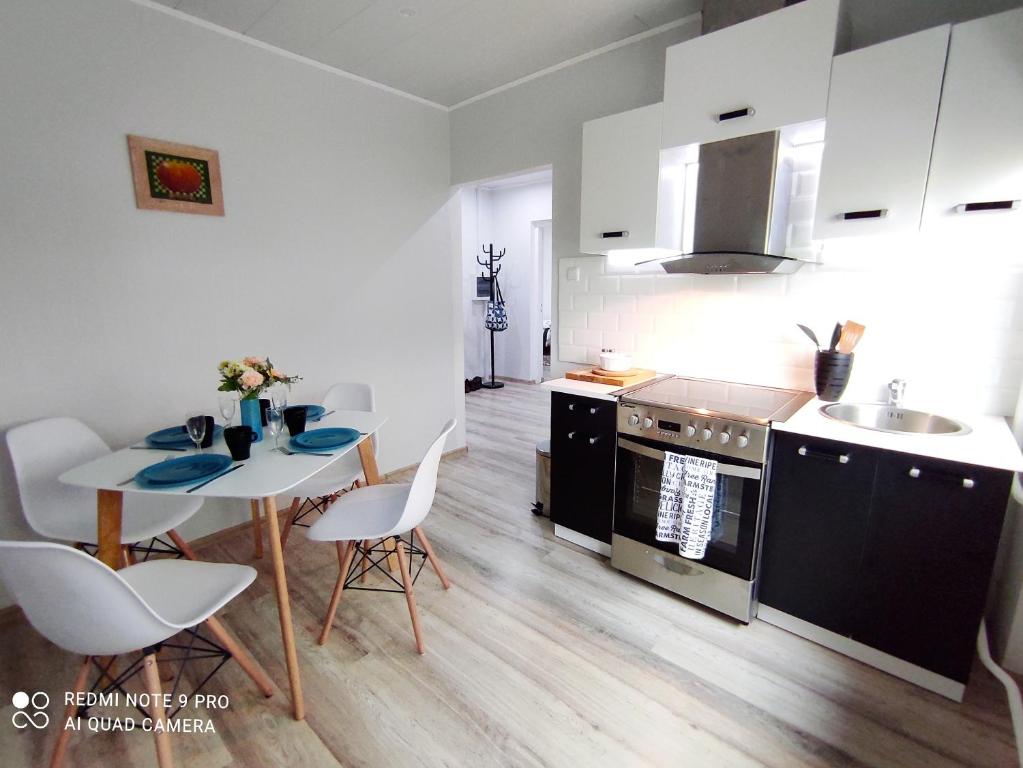 uma cozinha com uma mesa, um lavatório e um fogão em Hiiumaa Family Apartments em Kärdla