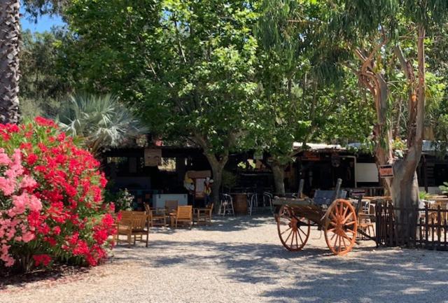 a park with a bench and tables and chairs and flowers at Location du Ranch Cantarettu in Algajola