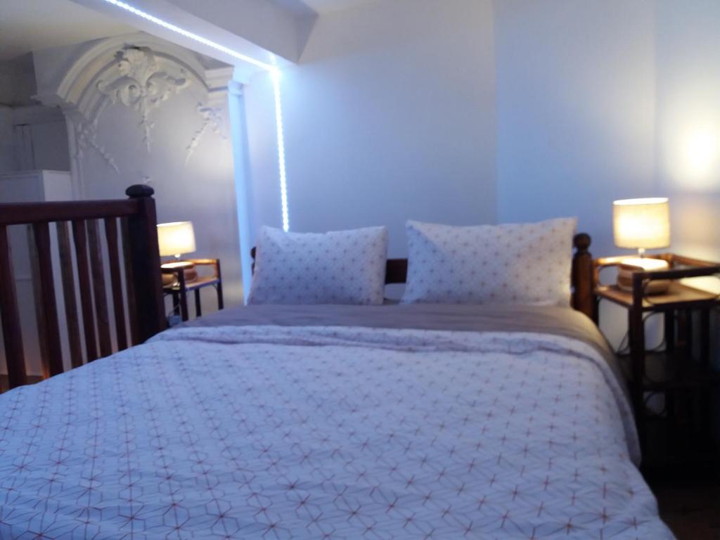 1 dormitorio con 1 cama grande y edredón blanco en Studio la Nuit au Coeur de ville, en Limoux