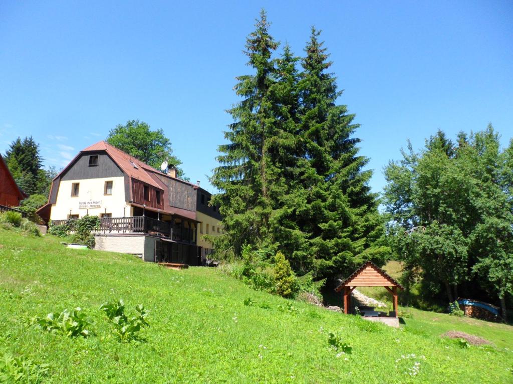 a house on a grassy hill next to a tree at Horská chata Hubert in Bedřichov