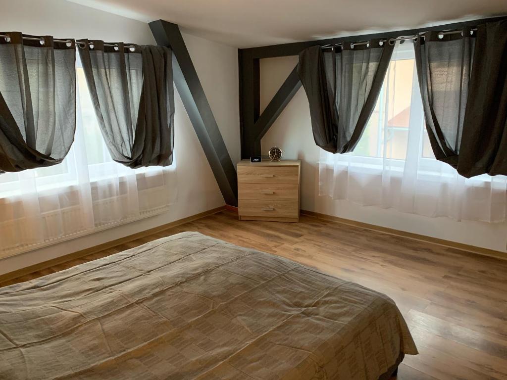 a bedroom with a large bed and two windows at Noclegi-Apartamenty Kłodzko Verona in Kłodzko