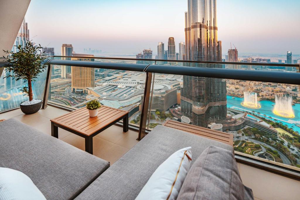a balcony with a view of a city at Elite Royal Apartment - Full Burj Khalifa & Fountain View - A/Ced direct connection to Dubai Mall - Monarch in Dubai