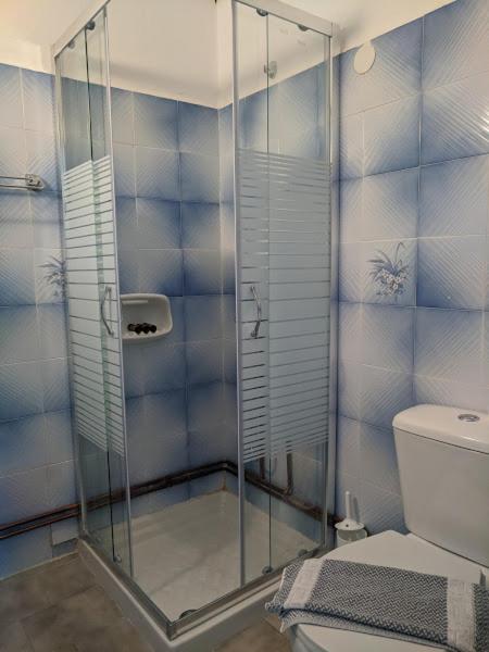 a bathroom with a glass shower with a toilet at Pension Irene in Sougia