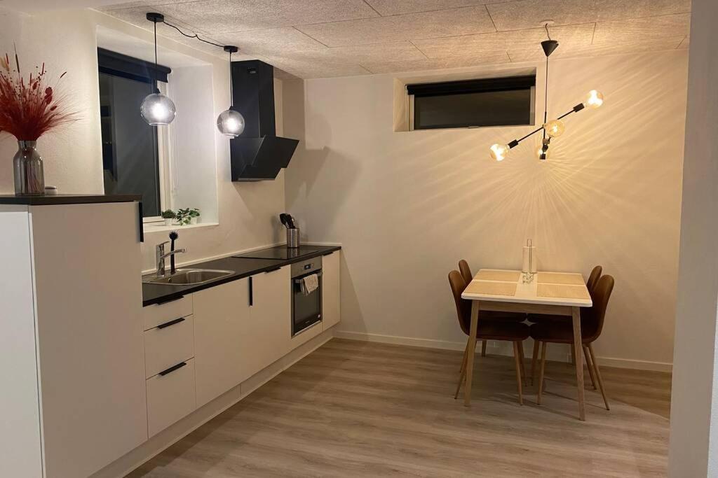 uma cozinha com uma mesa, um lavatório, uma mesa e cadeiras em Central kælder lejlighed em Give