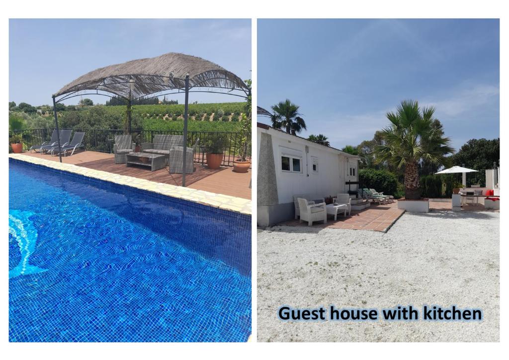 uma casa com uma casa de hóspedes com cozinha e piscina em Villafranco Apartamentos em Villafranco de Guadalhorce