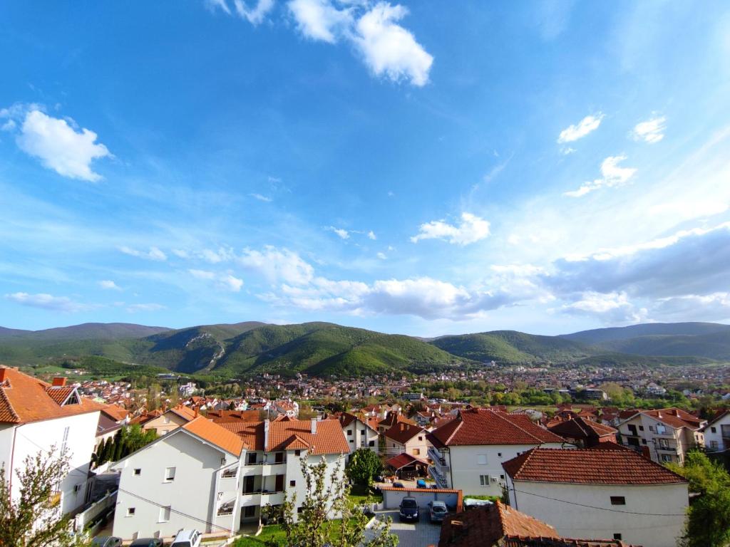 - une vue sur une ville avec des montagnes en arrière-plan dans l'établissement soko-veljkovic-apartman, à Sokobanja