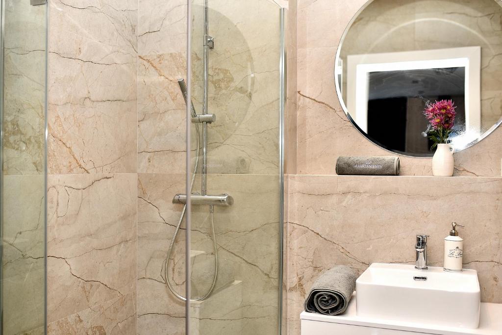 a bathroom with a shower with a sink and a mirror at VIP Apartament 11 in Lublin