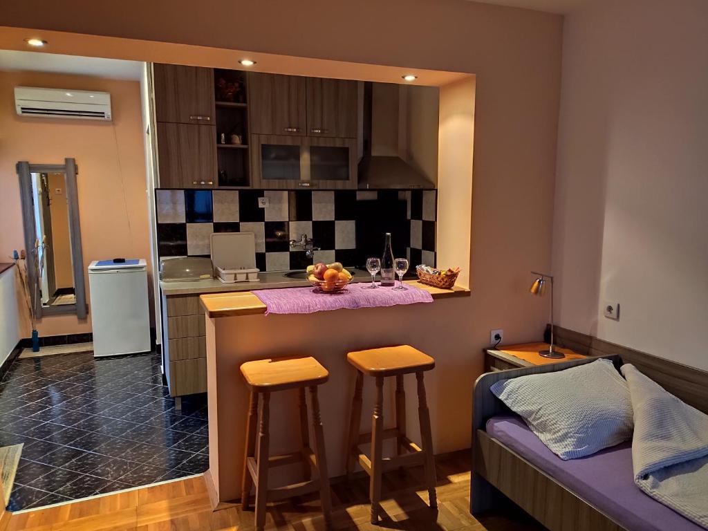 cocina con barra y sofá en una habitación en Apartman Ristic en Niška Banja