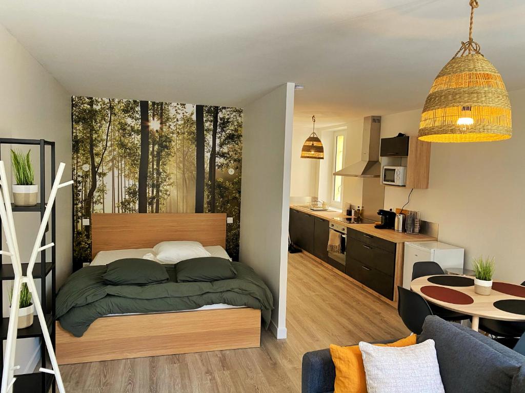 um pequeno quarto com uma cama e uma cozinha em LE NATUREL em Longeville-lès-Metz
