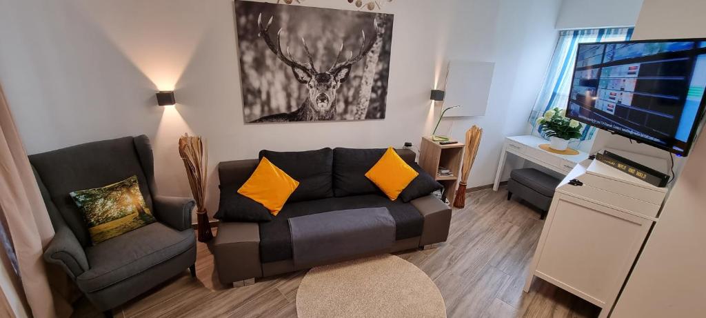 a living room with a couch and a flat screen tv at APARTMENT WALD - im Skigebiet Gerlitzen & Ossiacher See in Bodensdorf