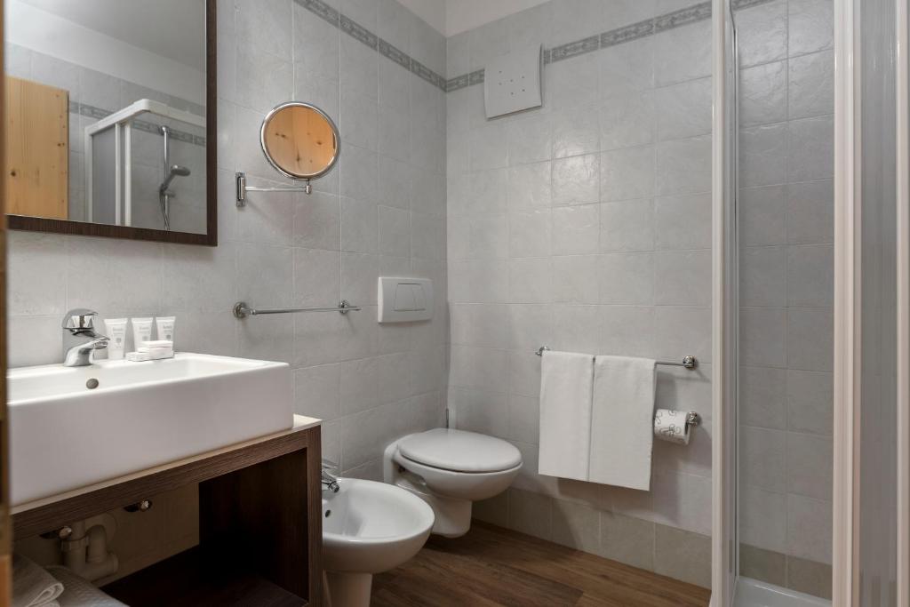 a bathroom with a sink and a toilet and a mirror at X Alp Hotel in Pozza di Fassa