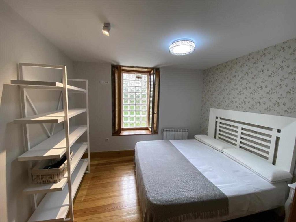 een slaapkamer met een bed en een boekenplank bij Camino del Norte vivienda turística ubicada en Pobeña in Poveña