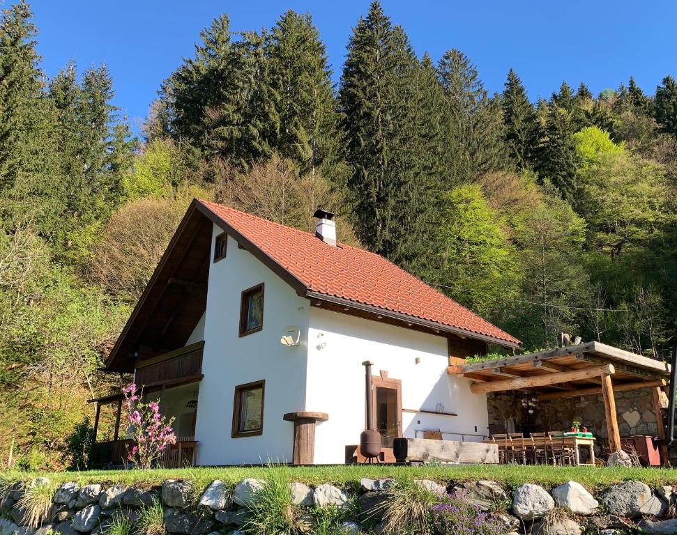 uma pequena casa branca com um telhado vermelho em Ferienhaus Krieben 