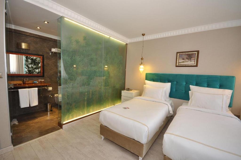 1 dormitorio con 2 camas y ducha de cristal en Nea Suites Old City, en Estambul