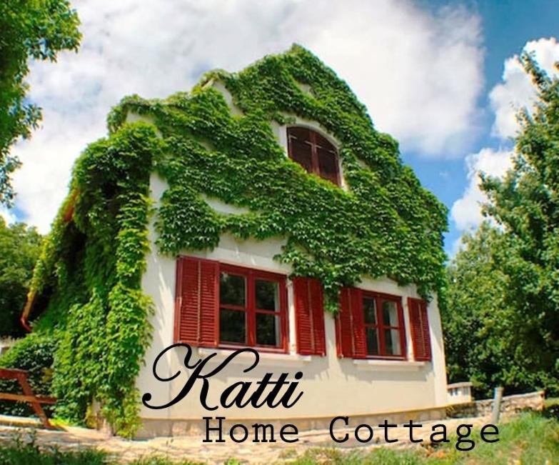 uma casa coberta de hera com uma janela vermelha em Katti Home Cottage Balaton em Vászoly