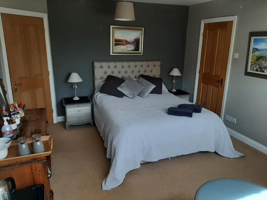 
a bedroom with a bed and a desk at The Coach House in Beddgelert

