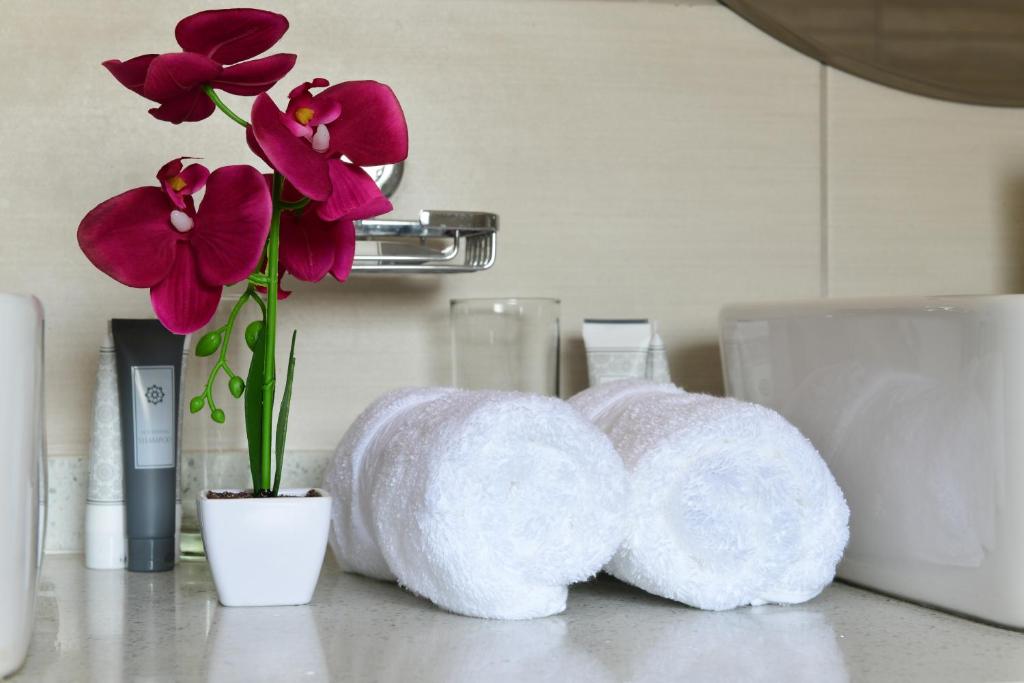 dos rollos de toallas en una encimera de cocina con flores púrpuras en RNB Guesthouse, en Roodepoort