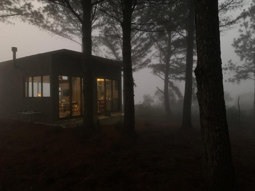 a cabin in the woods on a foggy night at Refúgio do Canyon in Balsa Nova