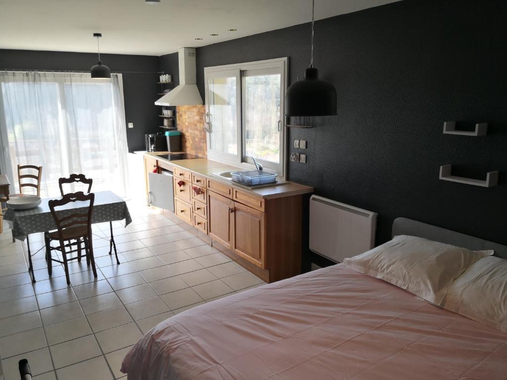 a bedroom with a bed and a table and a kitchen at Chambre meublée avec vue panoramique à Périgueux in Notre-Dame-de-Sanilhac