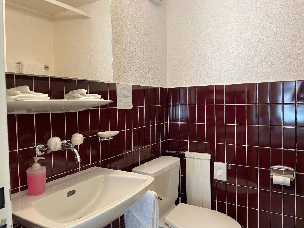 La salle de bains est pourvue d'un lavabo, de toilettes et d'un miroir. dans l'établissement Hotel Hahnenblick, à Engelberg