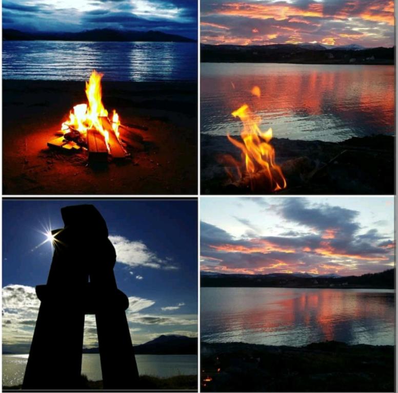 a group of four pictures of a fire on the beach at The grey house in Liland