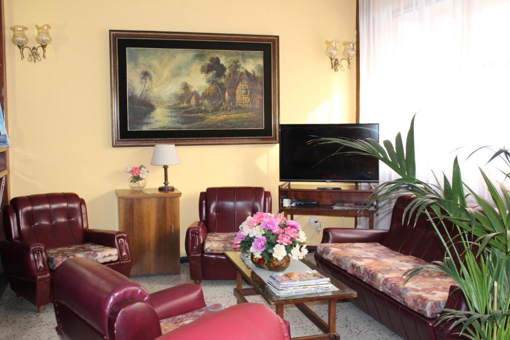Televízia a/alebo spoločenská miestnosť v ubytovaní Hotel Olympia